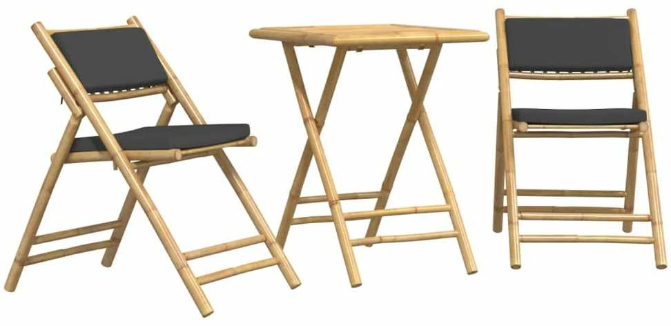 Lauko baldų komplektas Bistro komplektas su pilkomis pagalvėlėmis, 3 dalių, bambukas
