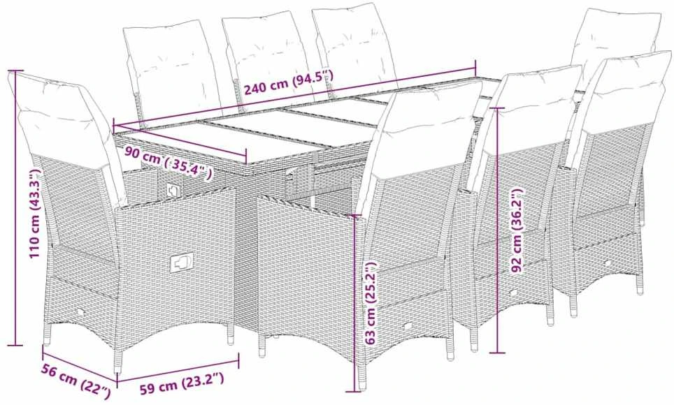 Lauko baldų komplektas Bistro komplektas su pagalvėlėmis, 9 dalių, juodas, poliratanas