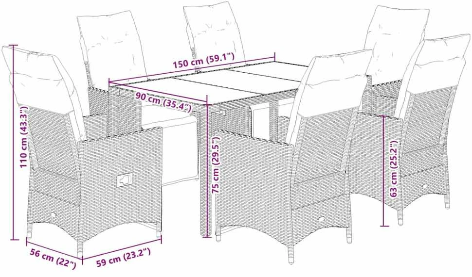 Lauko baldų komplektas Bistro komplektas su pagalvėlėmis, 7 dalių, pilkas, poliratanas