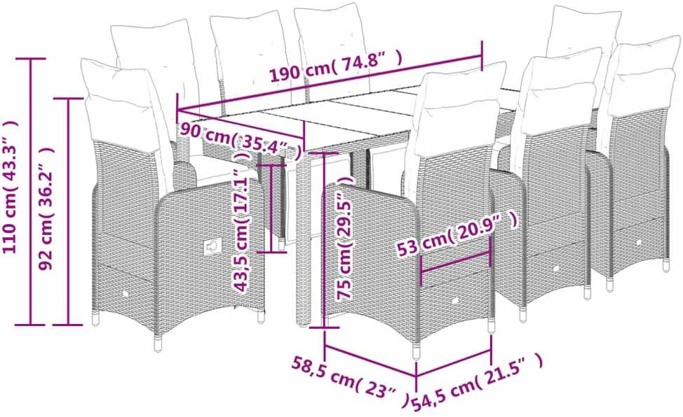 Bistro komplektas su pagalvėlėmis, 9 dalių, pilkas, poliratanas