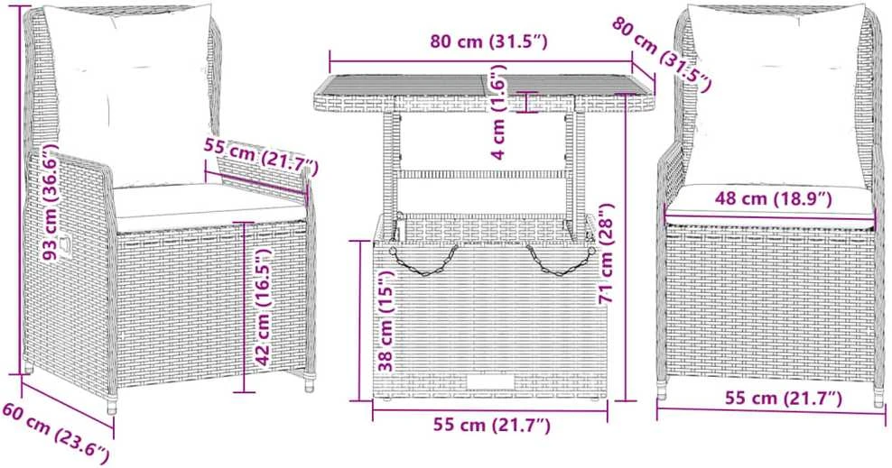 Lauko baldų komplektas Bistro komplektas su pagalvėlėmis, 3 dalių, juodas, poliratanas