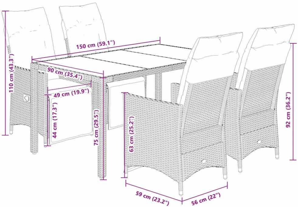 Lauko baldų komplektas Bistro komplektas su pagalvėlėmis, 5 dalių, rudas, poliratanas