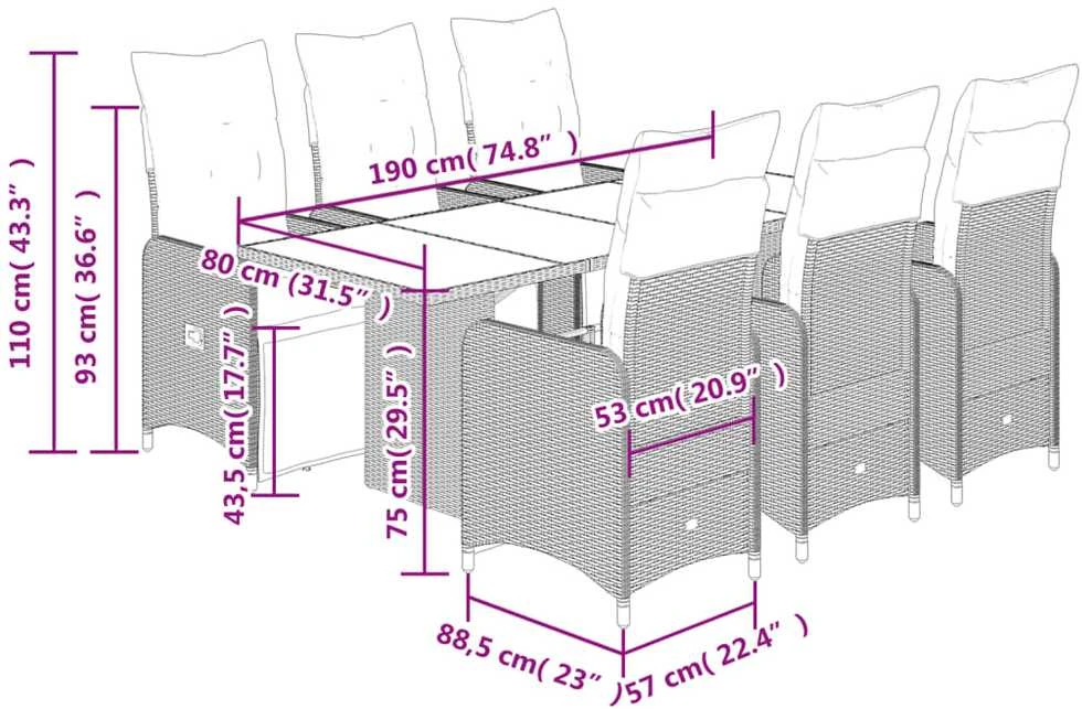 Bistro komplektas su pagalvėlėmis, 7 dalių, rudas, poliratanas