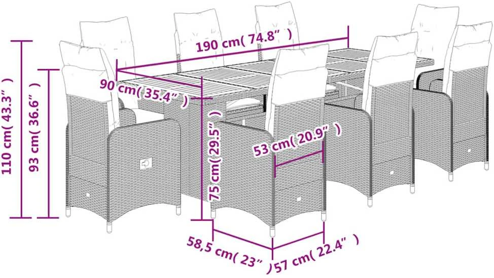 Lauko baldų komplektas Bistro komplektas su pagalvėlėmis, 9 dalių, pilkas, poliratanas
