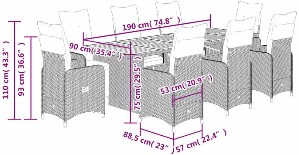 Lauko baldų komplektas Bistro komplektas su pagalvėlėmis, 9 dalių, juodas, poliratanas