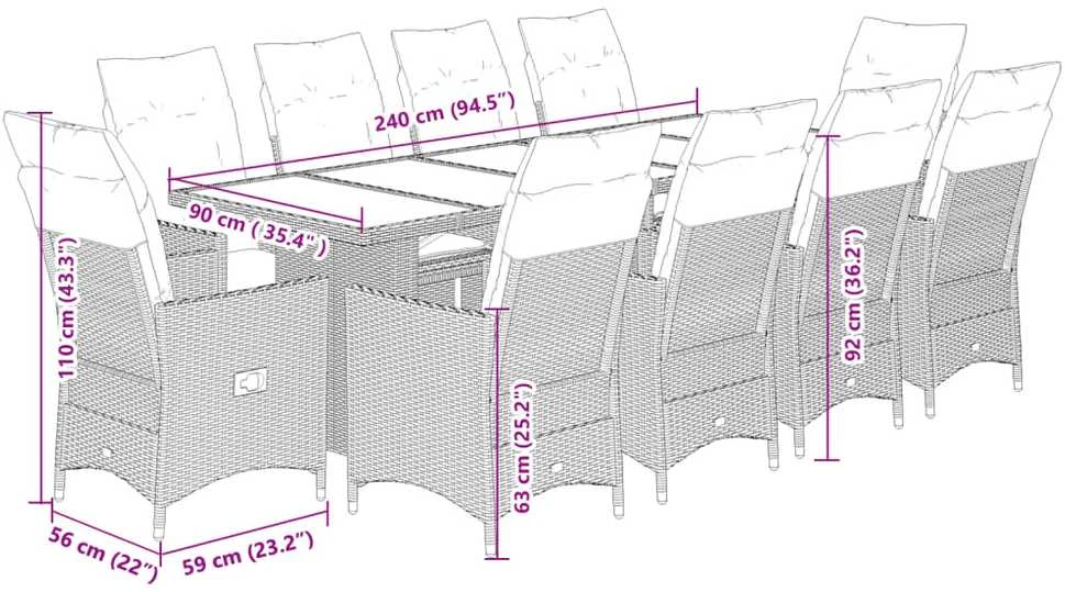 Bistro komplektas su pagalvėmis, 11 dalių, pilkas, poliratanas