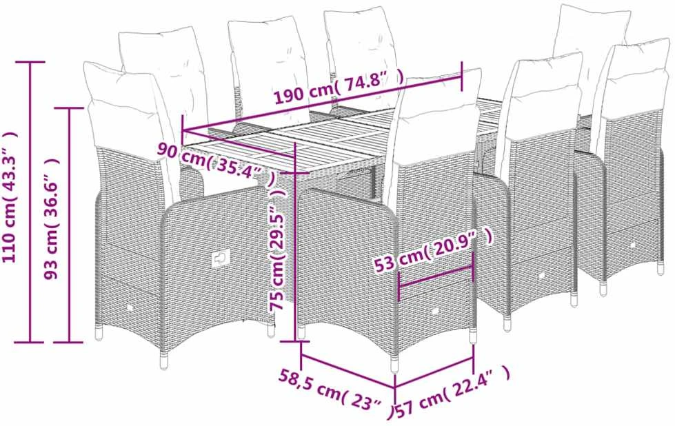Bistro komplektas su pagalvėlėmis, 9 dalių, pilkas, poliratanas