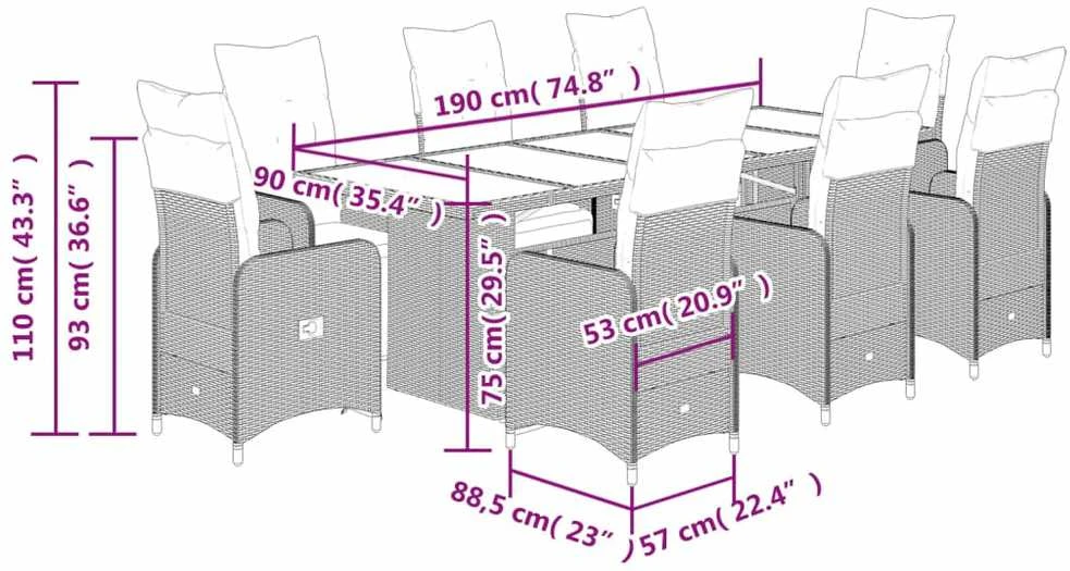 Lauko baldų komplektas Bistro komplektas su pagalvėlėmis, 9 dalių, rudas, poliratanas