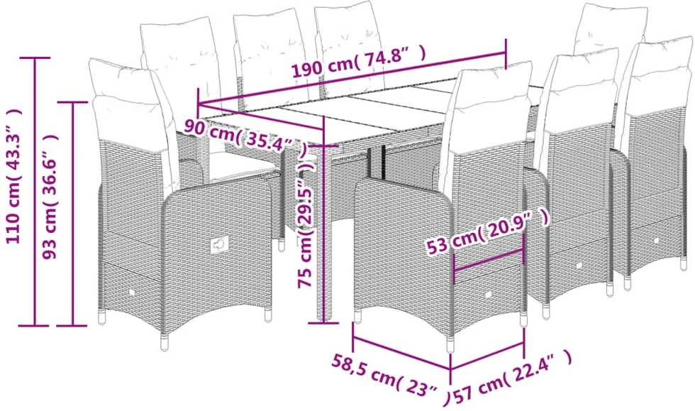 Lauko baldų komplektas Bistro komplektas su pagalvėlėmis, 9 dalių, smėlio, poliratanas