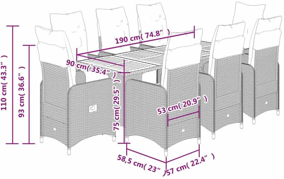 Lauko baldų komplektas Bistro komplektas su pagalvėlėmis, 9 dalių, juodas, poliratanas