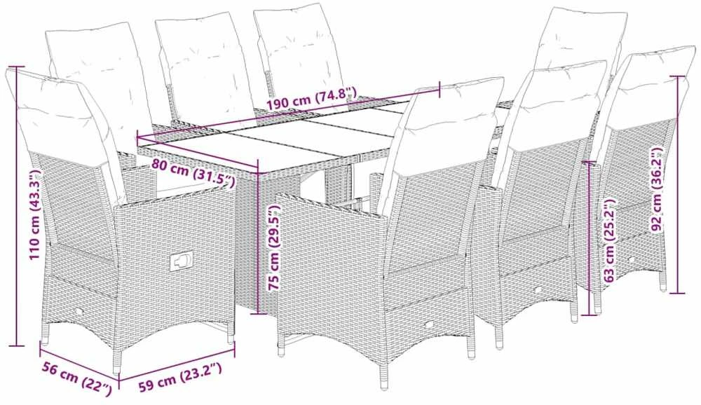 Bistro komplektas su pagalvėlėmis, 9 dalių, rudas, poliratanas