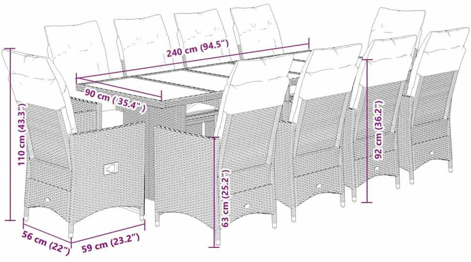 Lauko baldų komplektas Bistro komplektas su pagalvėlėmis, 11 dalių, rudas, poliratanas