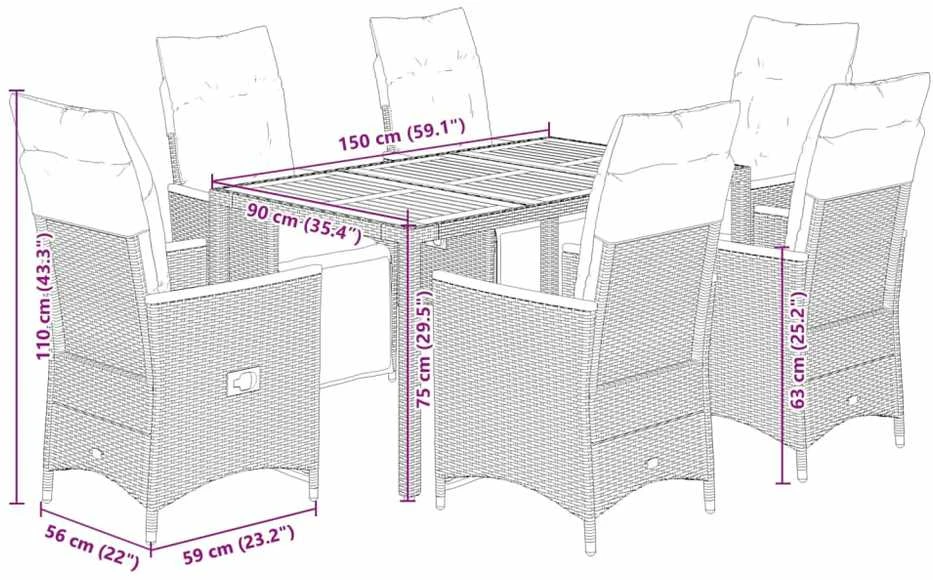 Lauko baldų komplektas Sodo bistro komplektas su pagalvėmis, 7 dalių, juodas, ratanas