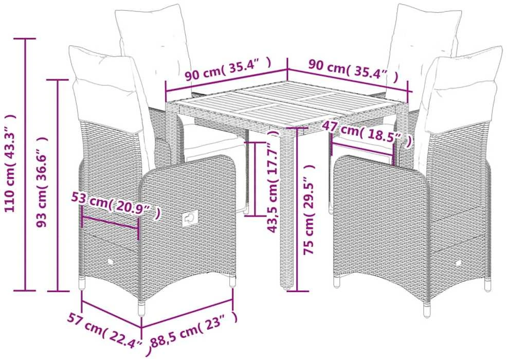 Lauko baldų komplektas Sodo bistro komplektas su pagalvėmis, 5 dalių, juodas, ratanas