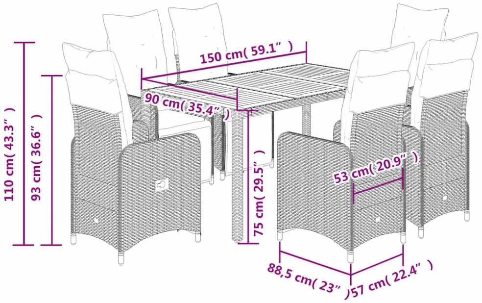 Lauko baldų komplektas Sodo bistro komplektas su pagalvėmis, 7 dalių, juodas, ratanas