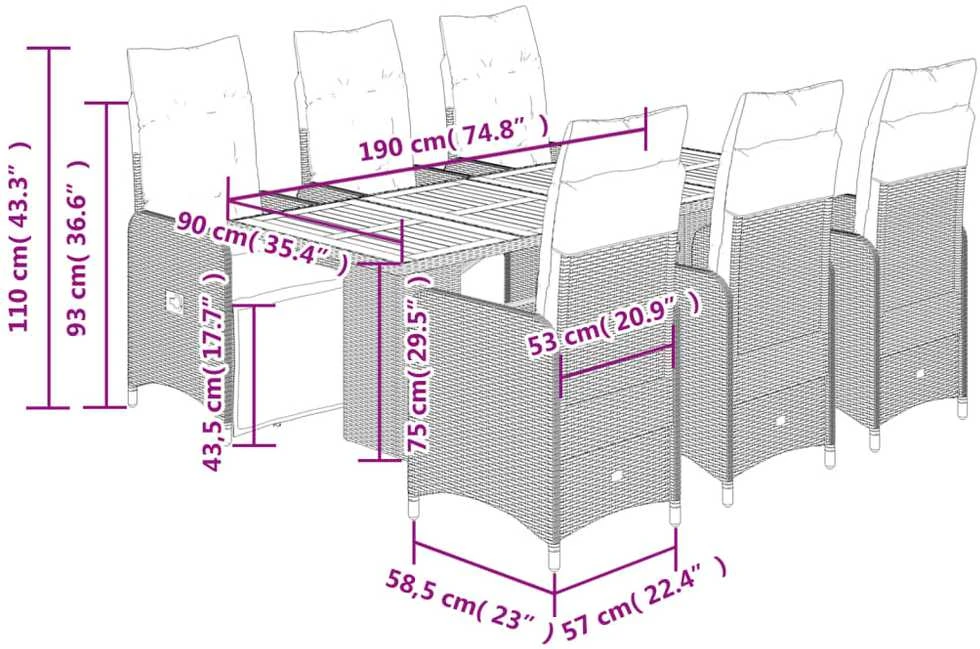 Sofa Sodo bistro komplektas su pagalvėmis, 7 dalių, juodas, ratanas