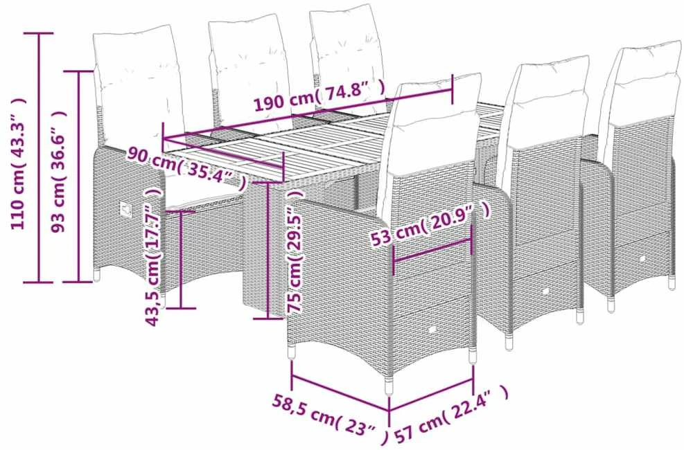 Sofa Sodo bistro komplektas su pagalvėmis, 7 dalių, juodas, ratanas