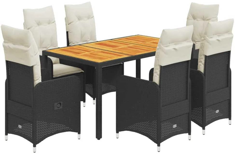 Lauko baldų komplektas Sodo bistro komplektas su pagalvėmis, 7 dalių, juodas, ratanas