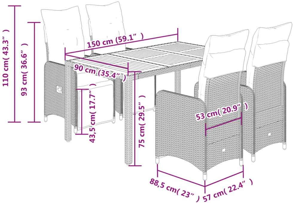 Lauko baldų komplektas Sodo bistro komplektas su pagalvėmis, 5 dalių, juodas, ratanas