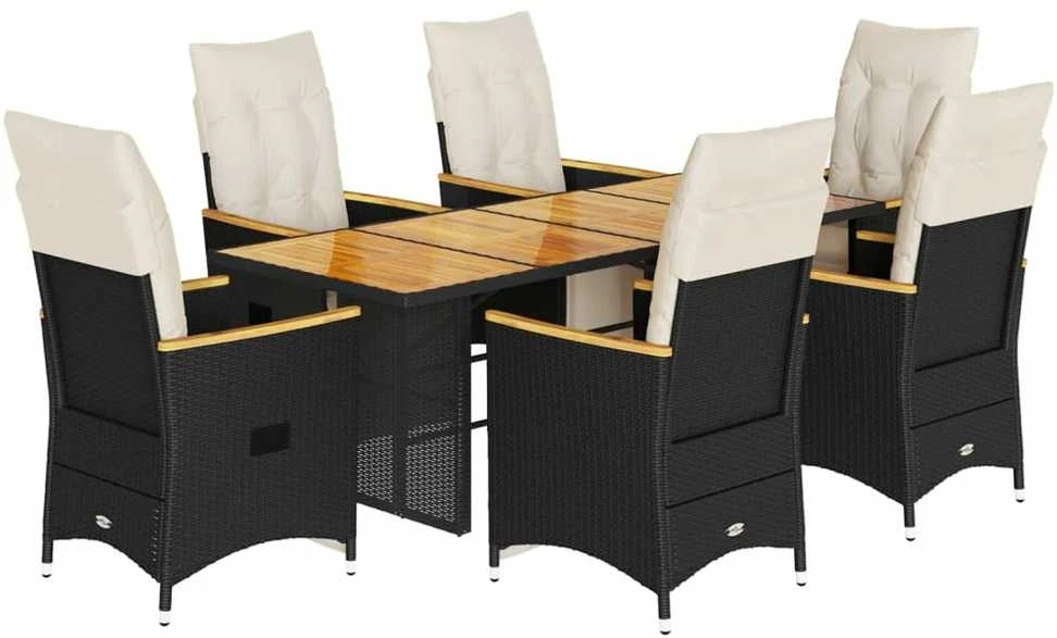 Sodo bistro komplektas su pagalvėmis, 7 dalių, juodas, ratanas