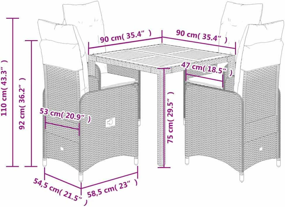 Lauko baldų komplektas Sodo bistro komplektas su pagalvėmis, 5 dalių, juodas, ratanas
