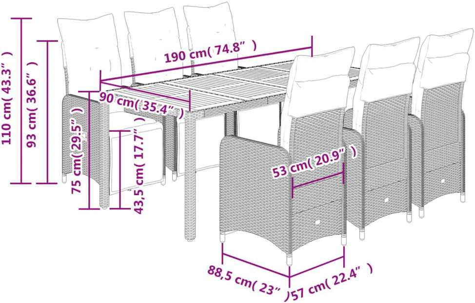 Lauko baldų komplektas Sodo bistro komplektas su pagalvėmis, 7 dalių, juodas, ratanas