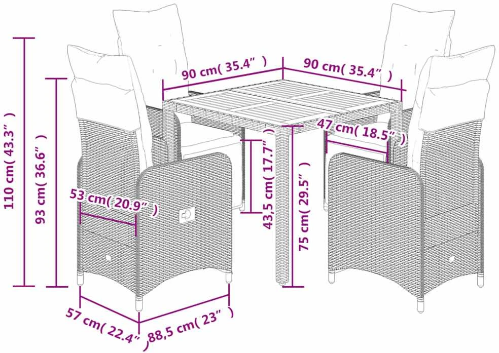 Lauko baldų komplektas Sodo bistro komplektas su pagalvėmis, 5 dalių, juodas, ratanas