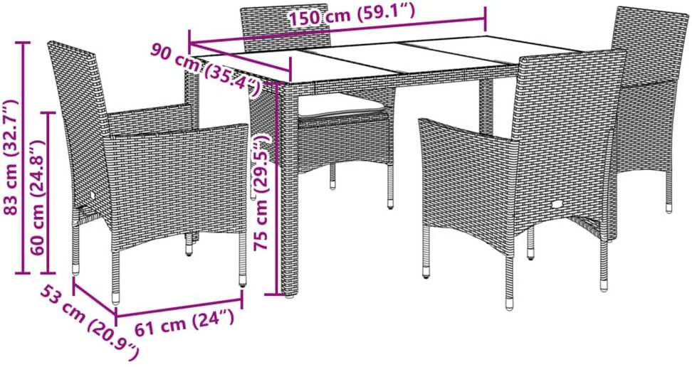 Lauko baldų komplektas Sodo komplektas, 5 dalių, pilkas, poliratanas ir stiklas
