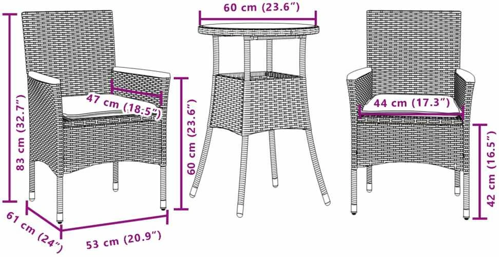 Lauko baldų komplektas Sodo komplektas, 3 dalių, smėlio, poliratanas ir stiklas