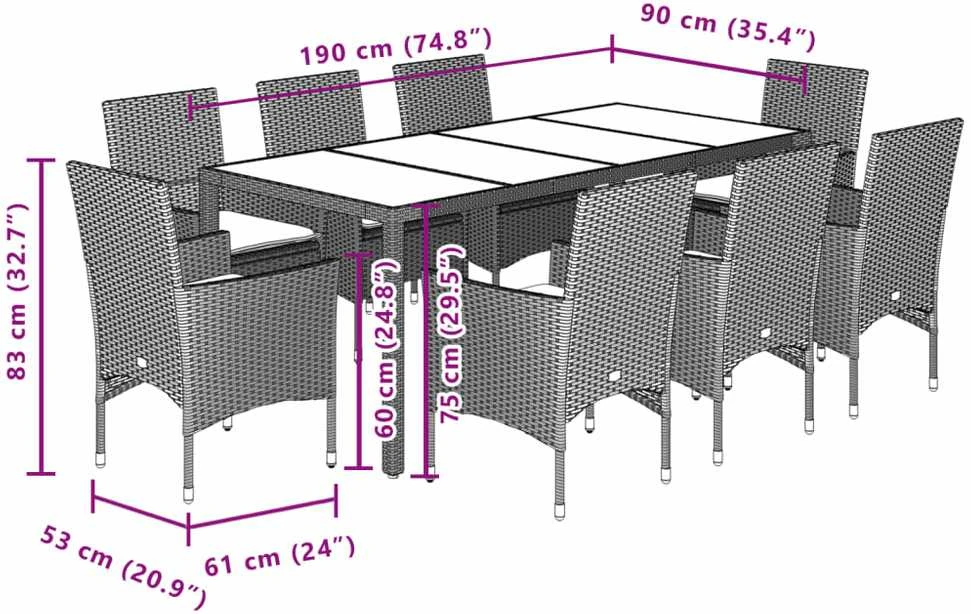 Lauko baldų komplektas Sodo komplektas, 9 dalių, šviesiai pilkas, poliratanas/stiklas