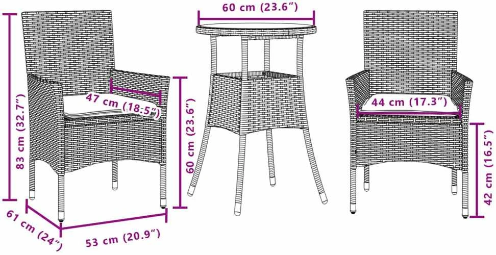Lauko baldų komplektas Sodo komplektas, 3 dalių, juodas, poliratanas ir stiklas