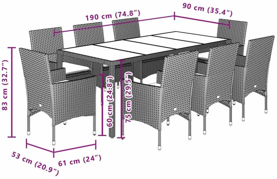 Lauko baldų komplektas Sodo komplektas, 9 dalių, smėlio, poliratanas ir stiklas