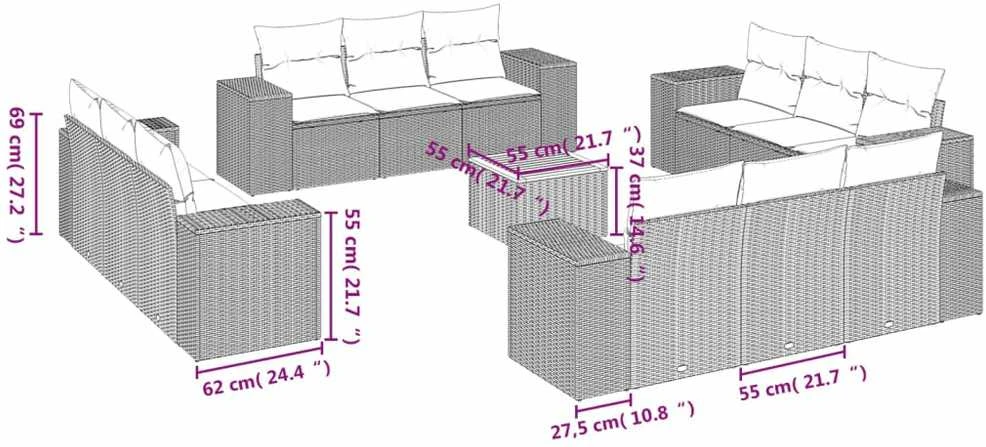 Lauko baldų komplektas Sodo komplektas su pagalvėlėmis, 13 dalių, pilkas, poliratanas