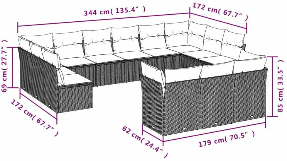 Sofa Sodo komplektas su pagalvėlėmis, 13 dalių, pilkas, poliratanas