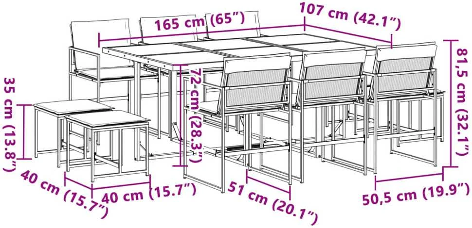 Lauko baldų komplektas Sodo komplektas su pagalvėlėmis, 11 dalių, juodas, tekstilenas