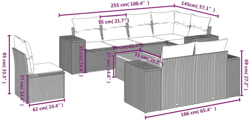 Sofa Sodo komplektas su pagalvėlėmis, 9 dalių, juodas, poliratanas