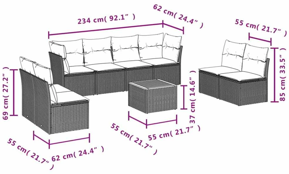 Lauko baldų komplektas Sodo komplektas su pagalvėlėmis, 9 dalių, juodas, poliratanas