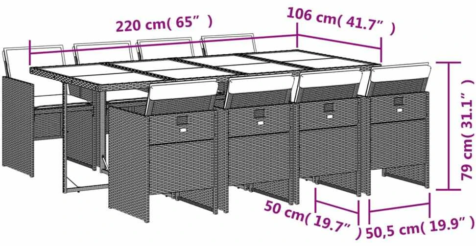 Lauko baldų komplektas Sodo komplektas su pagalvėlėmis, 9 dalių, pilkas, poliratanas