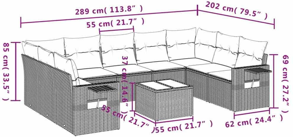 Lauko baldų komplektas Sodo komplektas su pagalvėlėmis, 10 dalių, juodas, poliratanas