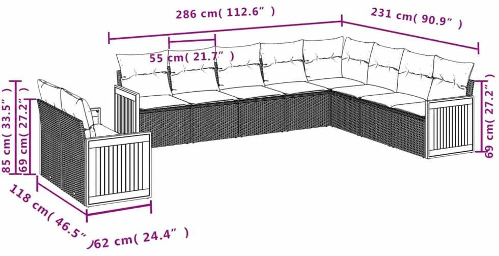 Lauko baldų komplektas Sodo komplektas su pagalvėlėmis, 10 dalių, pilkas, poliratanas