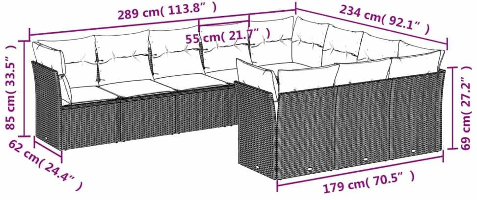 Sofa Sodo komplektas su pagalvėlėmis, 10 dalių, pilkas, poliratanas