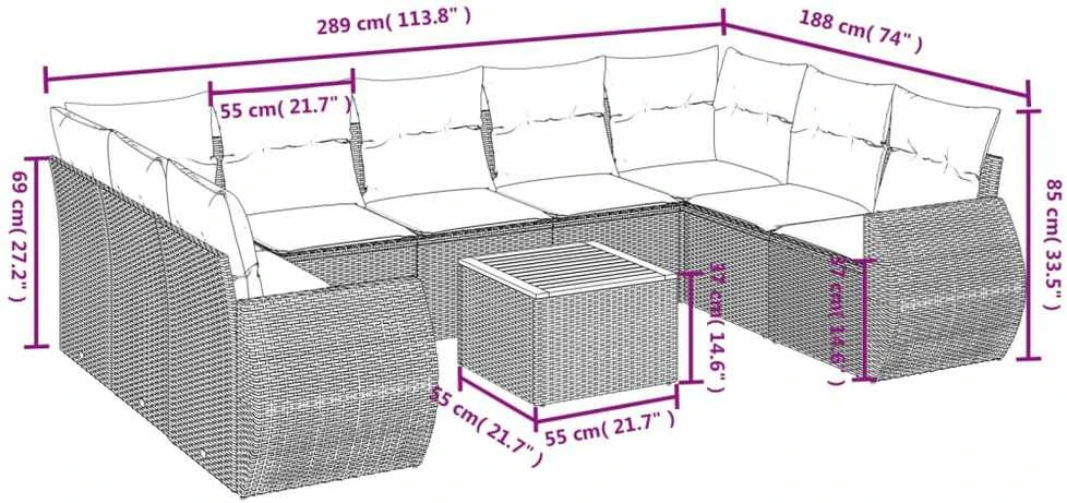 Lauko baldų komplektas Sodo komplektas su pagalvėlėmis, 10 dalių, pilkas, poliratanas