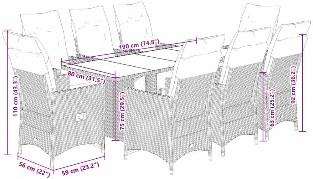 Sofa Sodo komplektas su pagalvėlėmis, 9 dalių, juodas, poliratanas