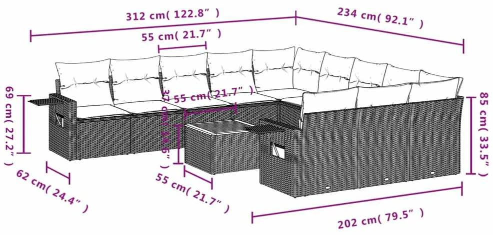 Sofa Sodo komplektas su pagalvėlėmis, 12 dalių, smėlio, poliratanas