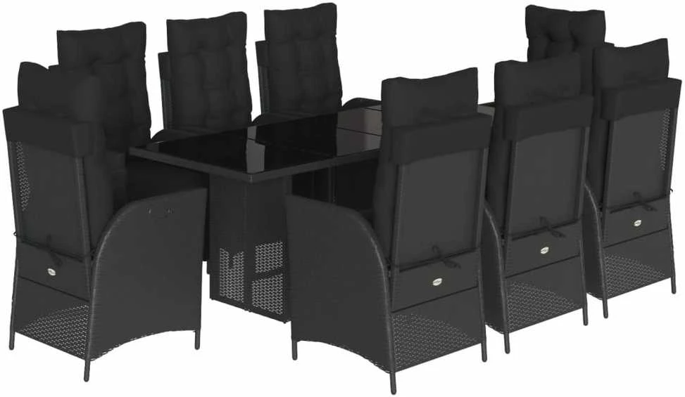 Lauko baldų komplektas Sodo komplektas su pagalvėlėmis, 9 dalių, juodas, poliratanas