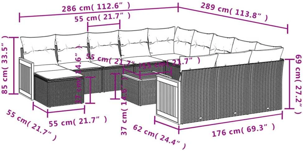 Lauko baldų komplektas Sodo komplektas su pagalvėlėmis, 13 dalių, pilkas, poliratanas