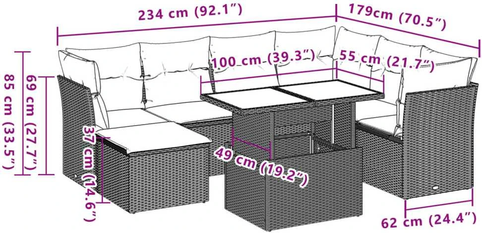 Lauko baldų komplektas Sodo komplektas su pagalvėlėmis, 8 dalių, pilkas, poliratanas