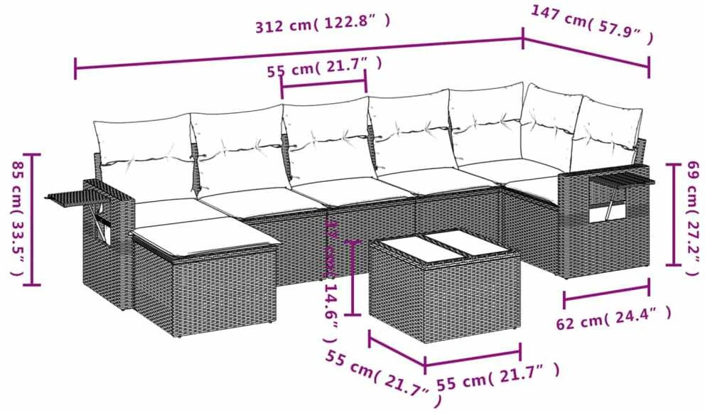 Sofa Sodo komplektas su pagalvėlėmis, 8 dalių, pilkas, poliratanas