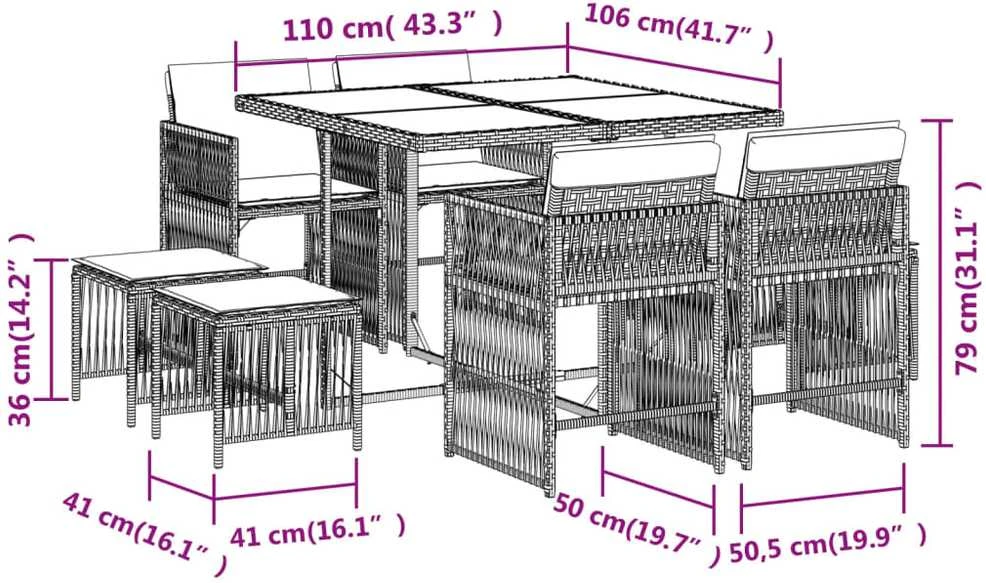 Lauko baldų komplektas Sodo komplektas su pagalvėlėmis, 9 dalių, juodas, poliratanas