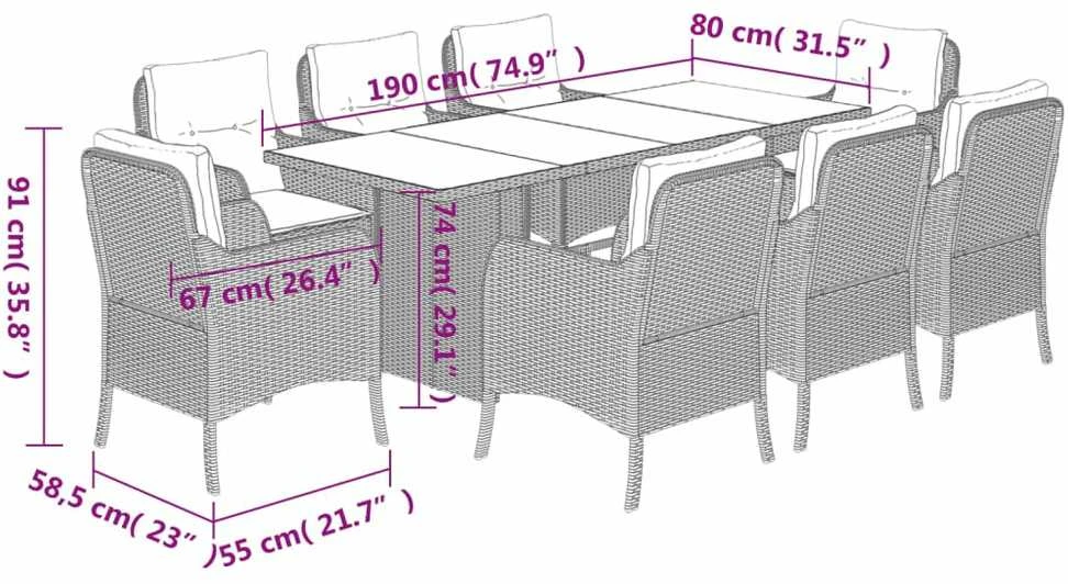 Lauko baldų komplektas Sodo komplektas su pagalvėlėmis, 9 dalių, pilkas, poliratanas